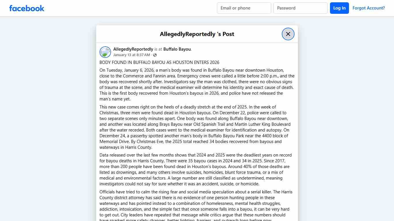 BODY FOUND IN BUFFALO BAYOU AS... - AllegedlyReportedly Facebook