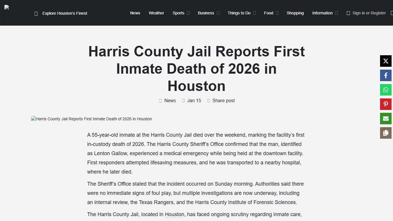 Harris County Jail Records First Inmate Death of 2026